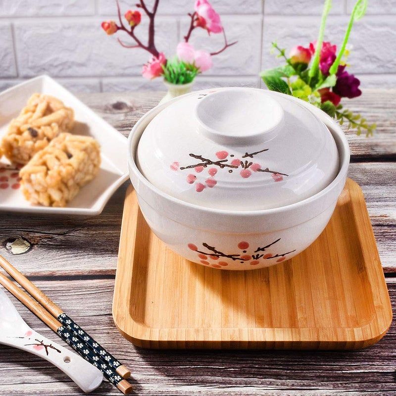 Whitenesser Ceramic Ramen Bowl with lids, Japanese Large 27.5 OZ Big Instant Noodle Bowls for Soup Rice and Porridge (Red Flower) - Image 4